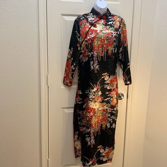 Laogudai 2 XL Black Red High Neck Long Sleeve Zip Back Asian Floral Maxi Dress - Picture 1 of 9